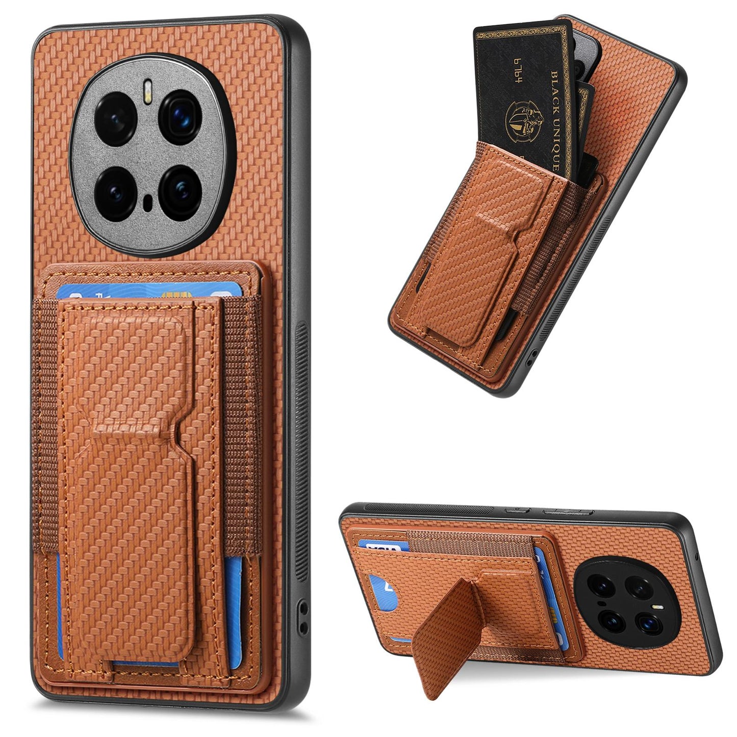 Honor Magic7 Pro Carbon Fiber Fold Stand Elastic Card Bag Phone Case with Multi-Functional Wallet