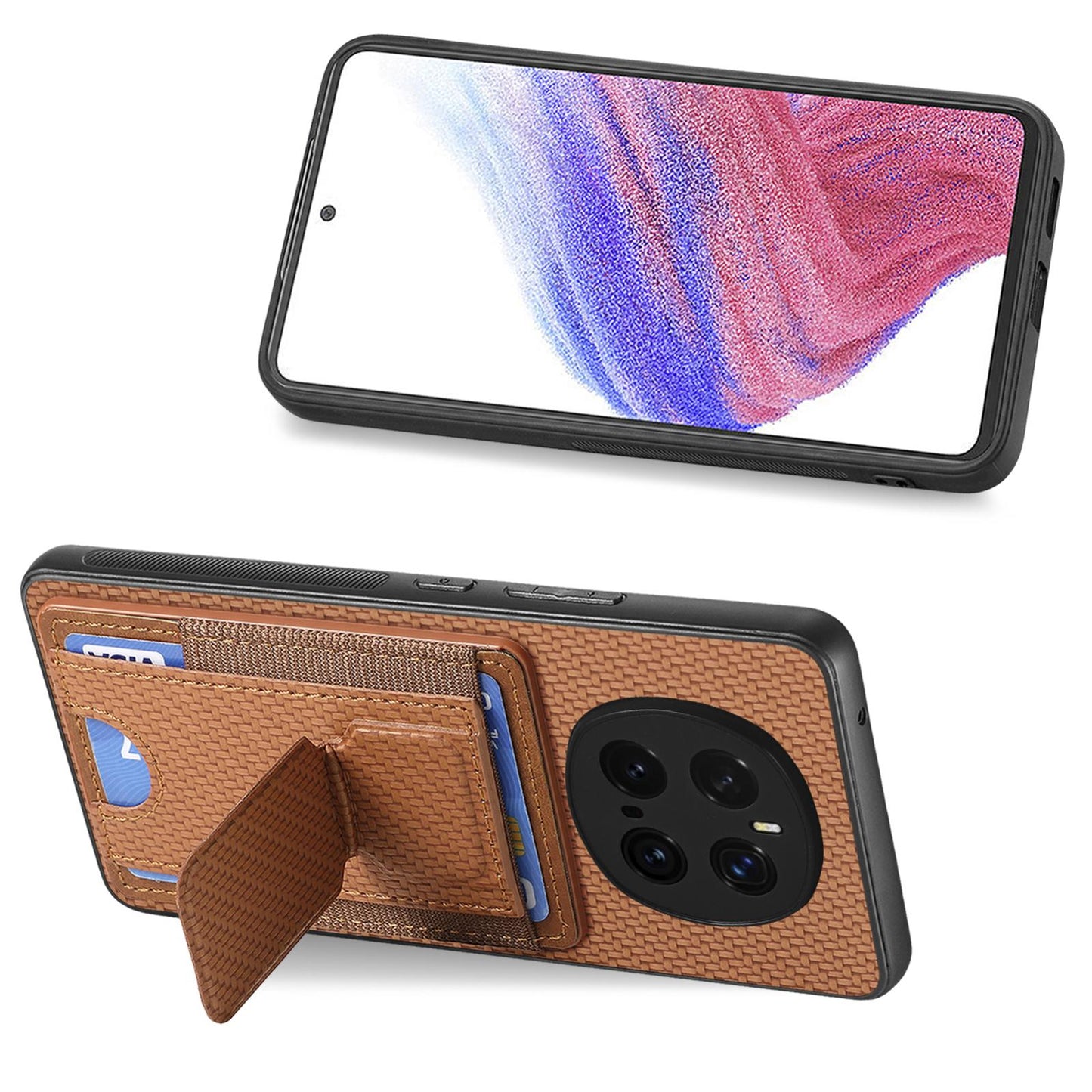 Honor Magic7 Pro Carbon Fiber Fold Stand Elastic Card Bag Phone Case with Multi-Functional Wallet