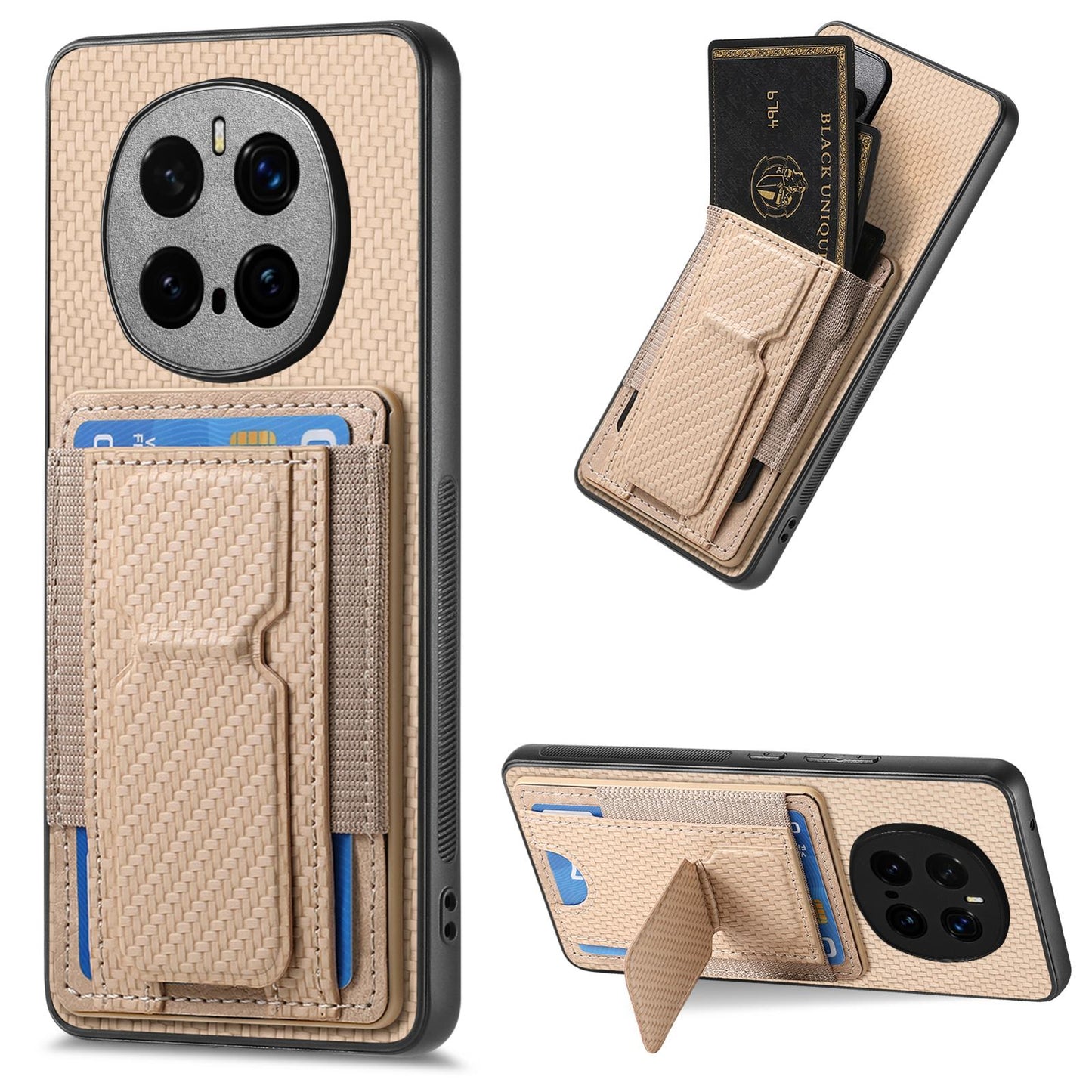 Honor Magic7 Pro Carbon Fiber Fold Stand Elastic Card Bag Phone Case with Multi-Functional Wallet