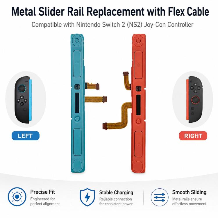 Nintendo Switch 2 Joy-Con Controller Left Side Metal Slider Rail Replacement with Flex Cable (Neon Blue)