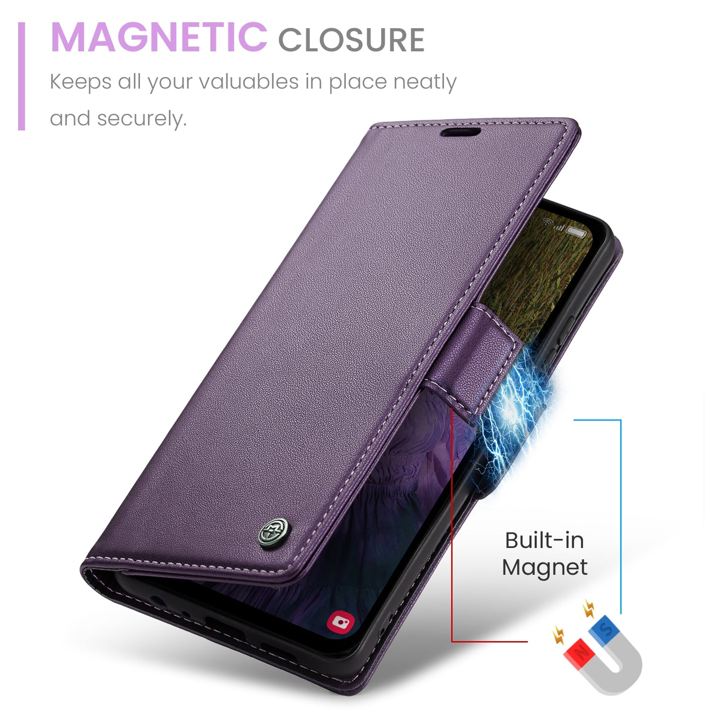 Samsung Galaxy A15 5G Leather Case - RFID Anti-theft, Card Slot, Stand Feature, Litchi Texture