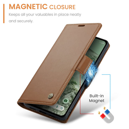 Google Pixel 8a Leather Case - RFID Anti-theft Litchi Texture with Butterfly Buckle, Card Slot & Stand