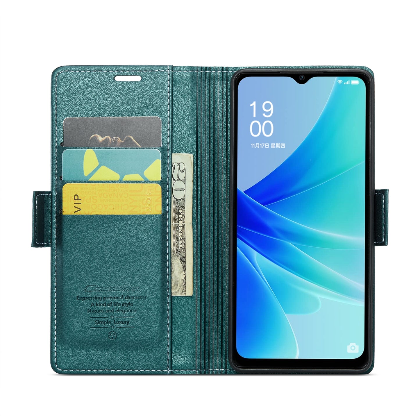 OPPO A57/A57s 4G Leather Case - RFID Anti-theft, Butterfly Buckle, Litchi Texture, Card Slot & Stand