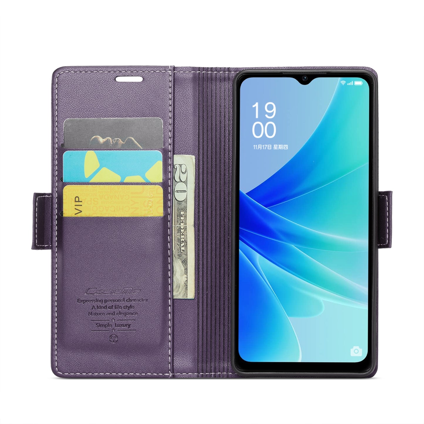 OPPO A57/A57s 4G Leather Case - RFID Anti-theft, Butterfly Buckle, Litchi Texture, Card Slot & Stand