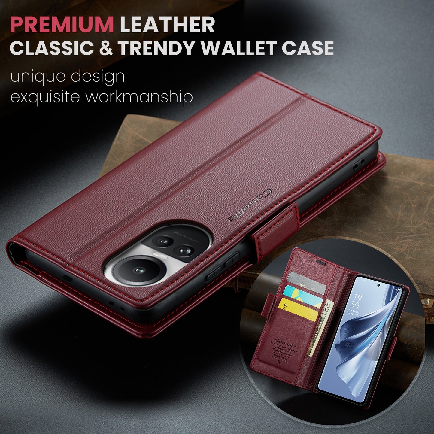 OPPO Reno10 5G／Reno10 Pro Leather Case - RFID Anti-theft, Butterfly Buckle, Litchi Texture, Card Slot & Stand