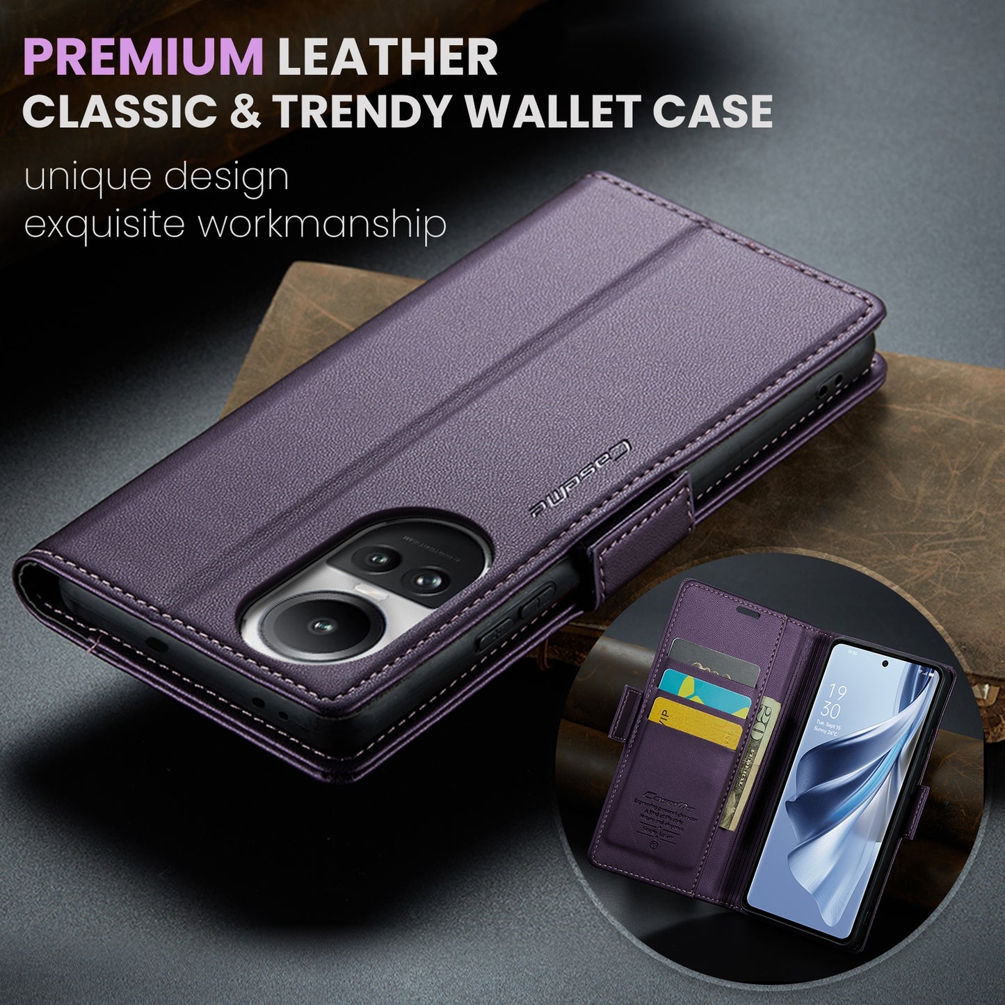 OPPO Reno10 5G／Reno10 Pro Leather Case - RFID Anti-theft, Butterfly Buckle, Litchi Texture, Card Slot & Stand