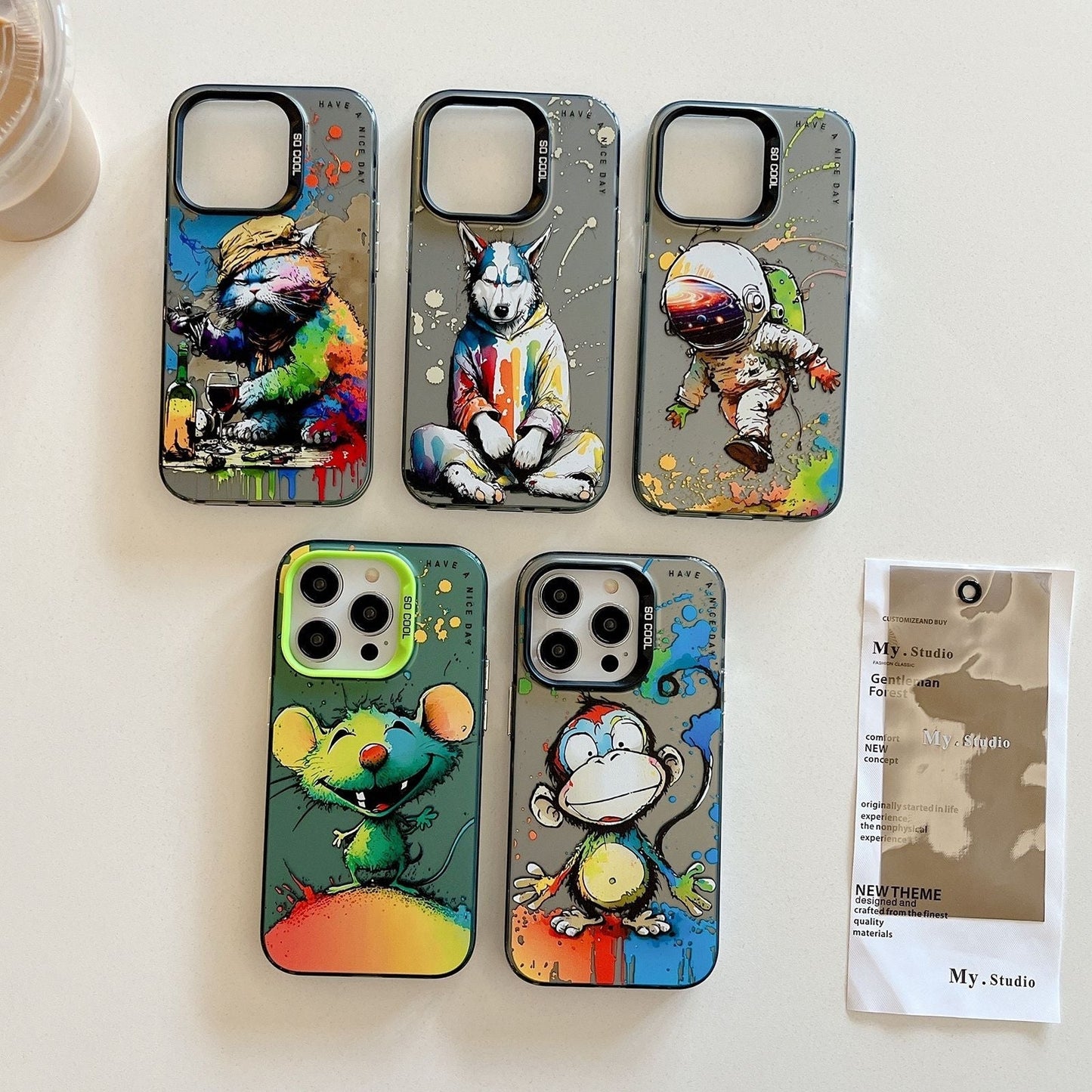 iPhone 14 Case - Animal Oil Painting Design, Durable PC + TPU Cover