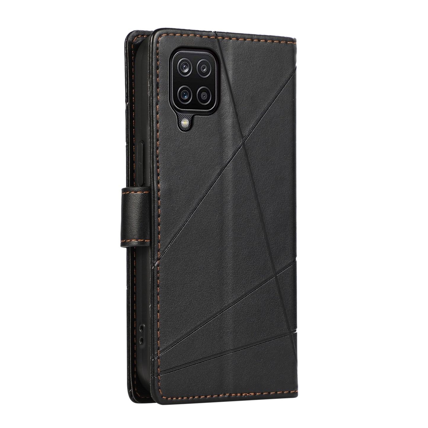 Samsung Galaxy A12 Genuine Leather Texture Embossed Line Phone Case with Card Wallet & Kickstand