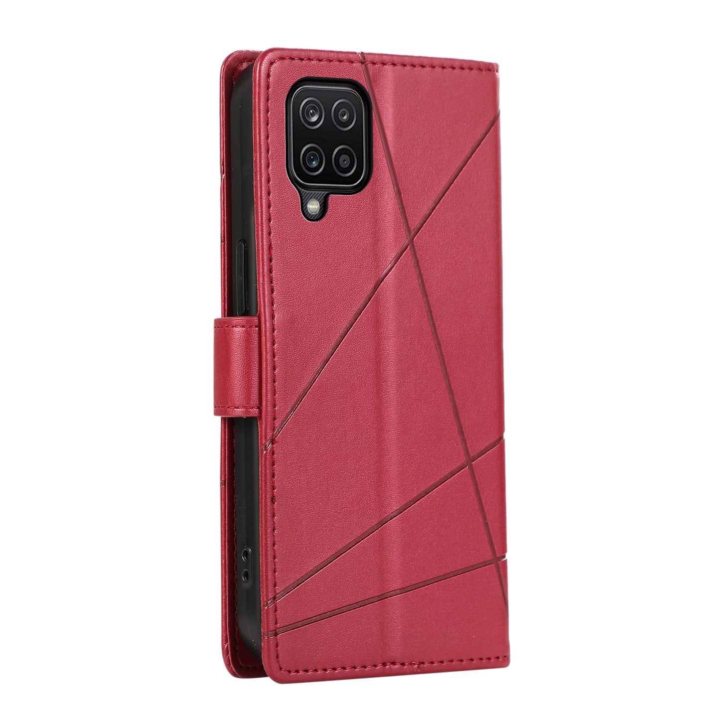 Samsung Galaxy A12 Genuine Leather Texture Embossed Line Phone Case with Card Wallet & Kickstand