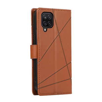 Samsung Galaxy A12 Genuine Leather Texture Embossed Line Phone Case with Card Wallet & Kickstand