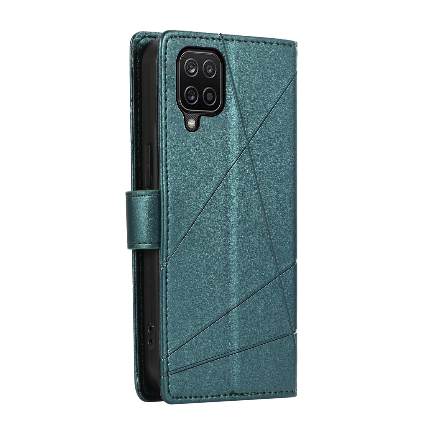 Samsung Galaxy A12 Genuine Leather Texture Embossed Line Phone Case with Card Wallet & Kickstand