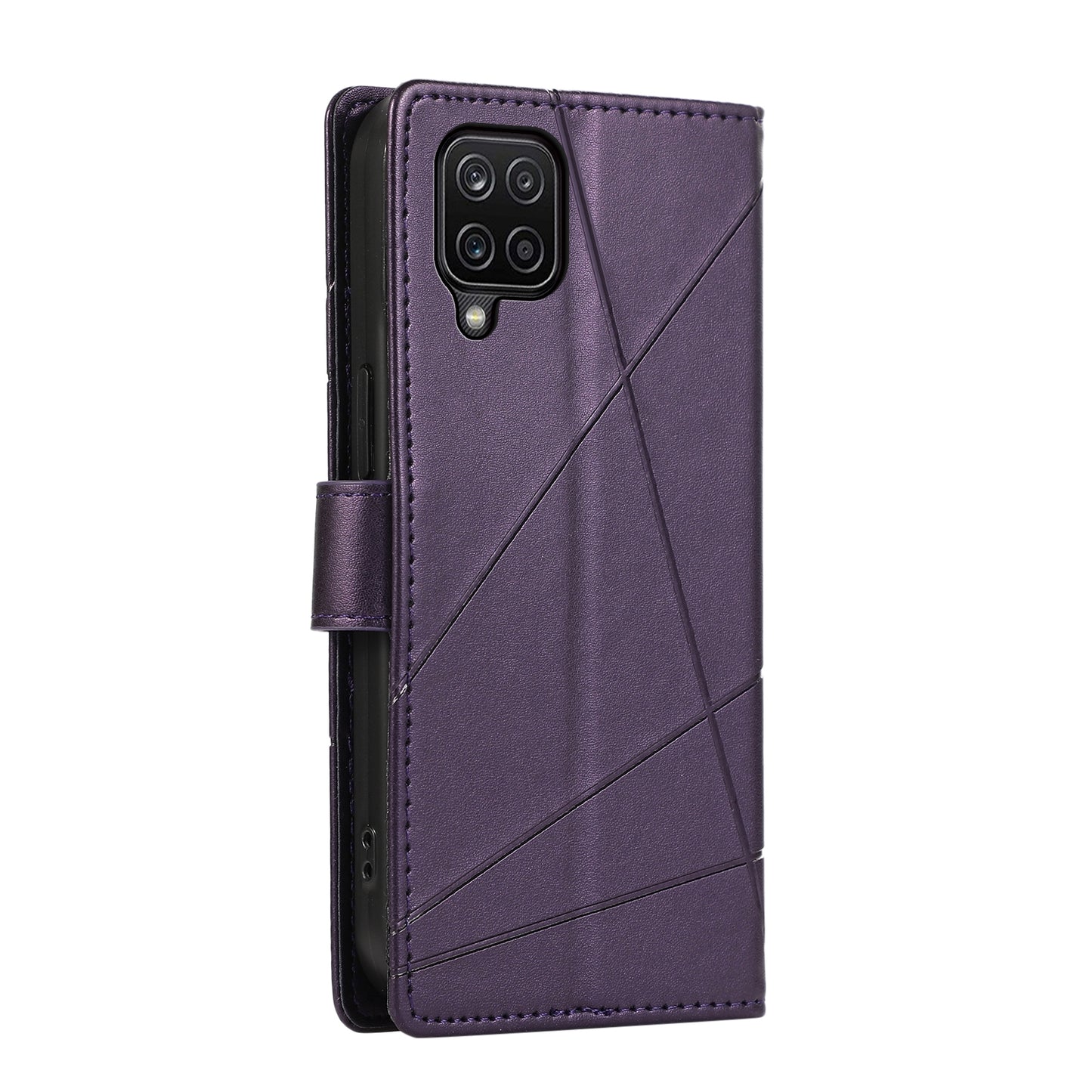 Samsung Galaxy A12 Genuine Leather Texture Embossed Line Phone Case with Card Wallet & Kickstand