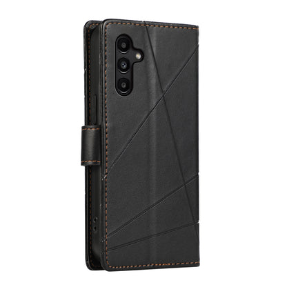 Samsung Galaxy A14 Genuine Leather Texture Embossed Line Phone Case with Card Wallet & Kickstand