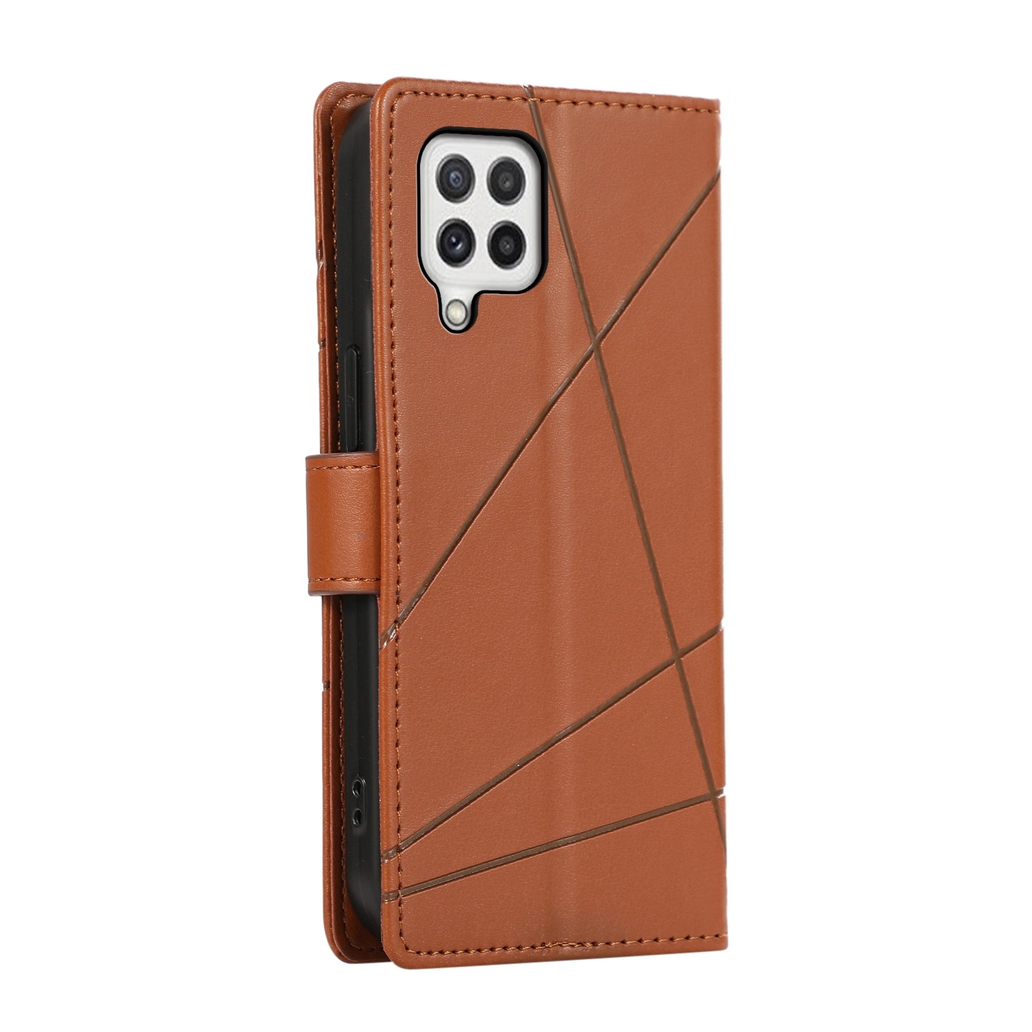 Samsung Galaxy A22 4G Genuine Leather Texture Embossed Line Phone Case with Card Wallet & Kickstand