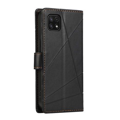 Samsung Galaxy A22 5G Genuine Leather Texture Embossed Line Phone Case with Card Wallet & Kickstand