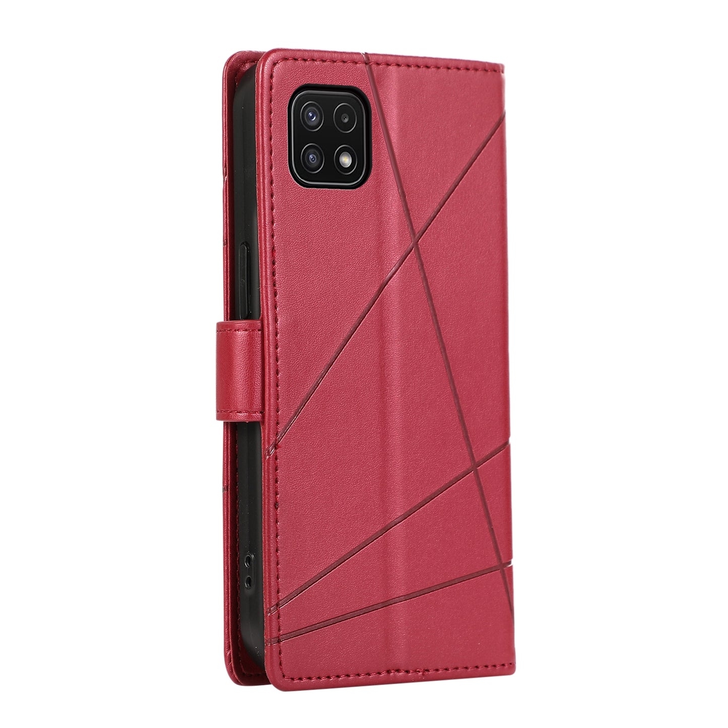 Samsung Galaxy A22 5G Genuine Leather Texture Embossed Line Phone Case with Card Wallet & Kickstand