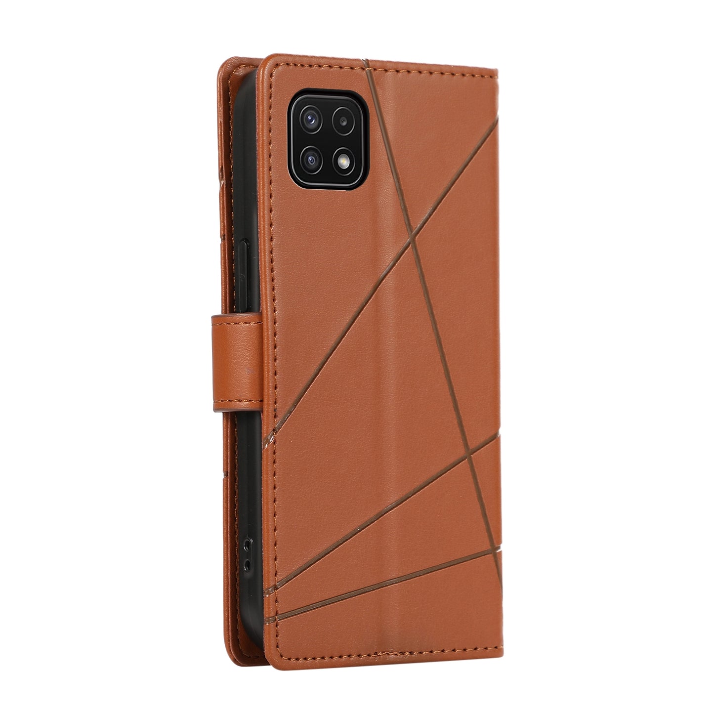 Samsung Galaxy A22 5G Genuine Leather Texture Embossed Line Phone Case with Card Wallet & Kickstand