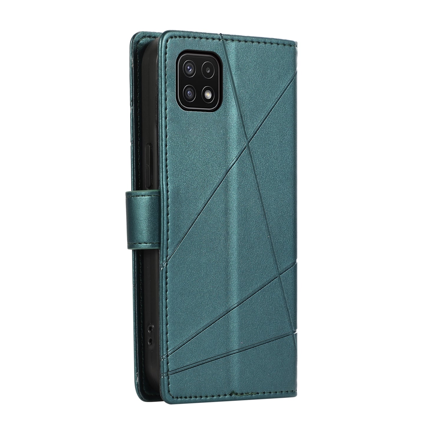 Samsung Galaxy A22 5G Genuine Leather Texture Embossed Line Phone Case with Card Wallet & Kickstand