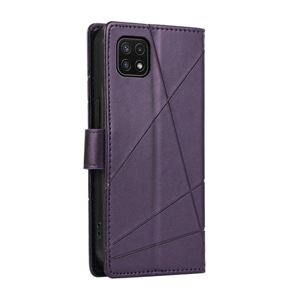 Samsung Galaxy A22 5G Genuine Leather Texture Embossed Line Phone Case with Card Wallet & Kickstand