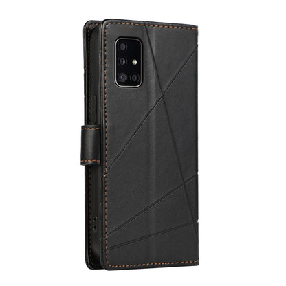 Samsung Galaxy A51 4G Genuine Leather Texture Embossed Line Phone Case with Card Wallet & Kickstand