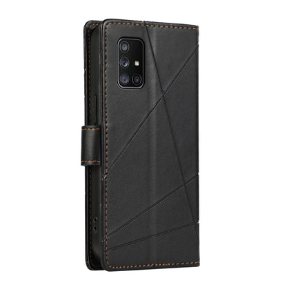 Samsung Galaxy A71 4G Genuine Leather Texture Embossed Line Phone Case with Card Wallet & Kickstand