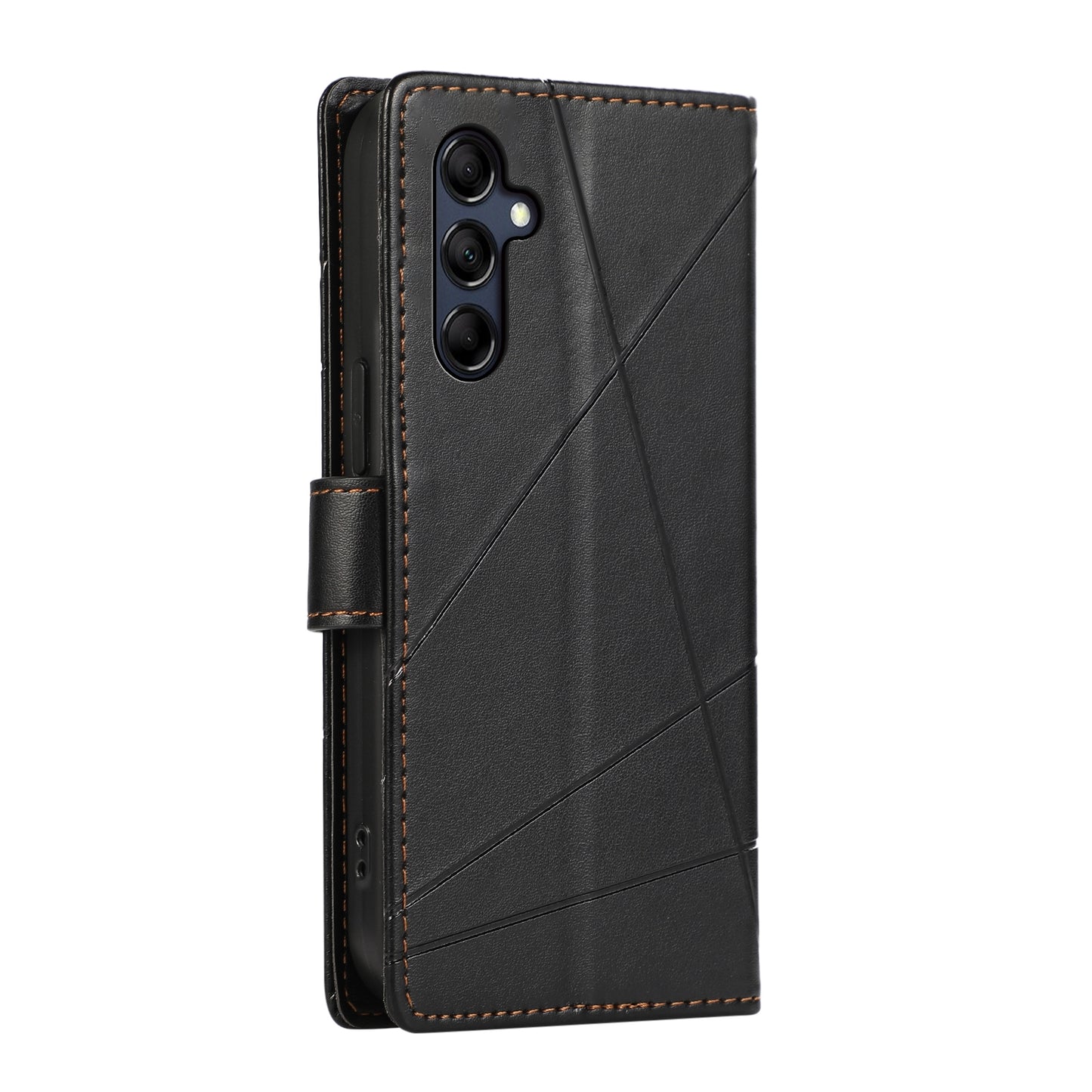 Samsung Galaxy M14 Genuine Leather Texture Embossed Line Phone Case with Card Wallet & Kickstand