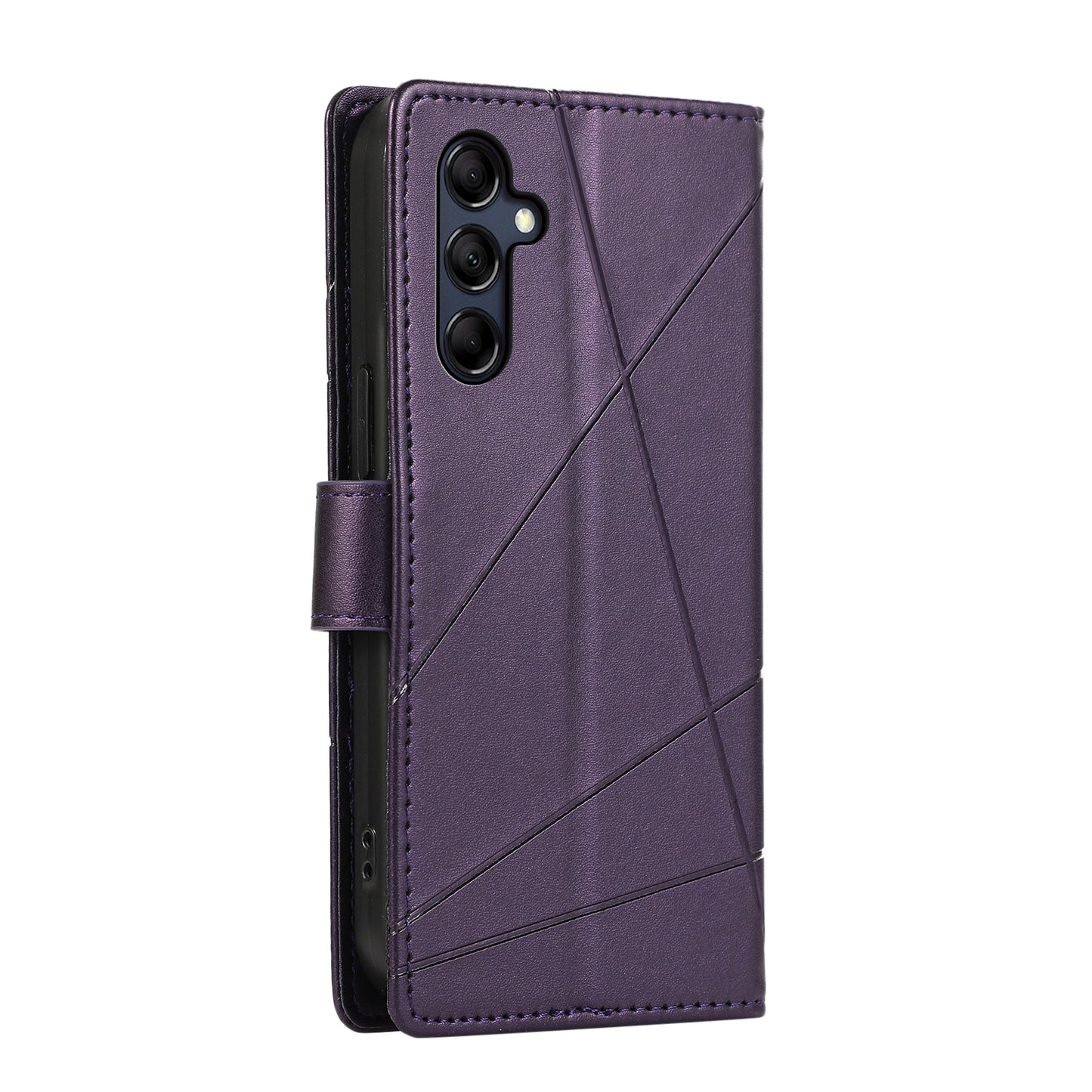 Samsung Galaxy M14 Genuine Leather Texture Embossed Line Phone Case with Card Wallet & Kickstand