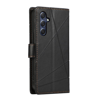 Samsung Galaxy M54 Genuine Leather Texture Embossed Line Phone Case with Card Wallet & Kickstand