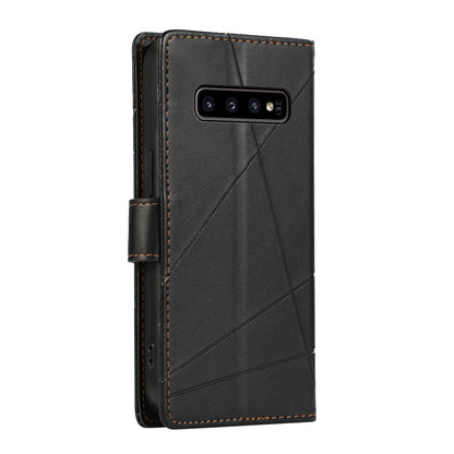 Samsung Galaxy S10 Genuine Leather Texture Embossed Line Phone Case with Card Wallet & Kickstand