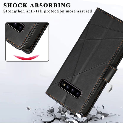 Samsung Galaxy S10 Genuine Leather Texture Embossed Line Phone Case with Card Wallet & Kickstand