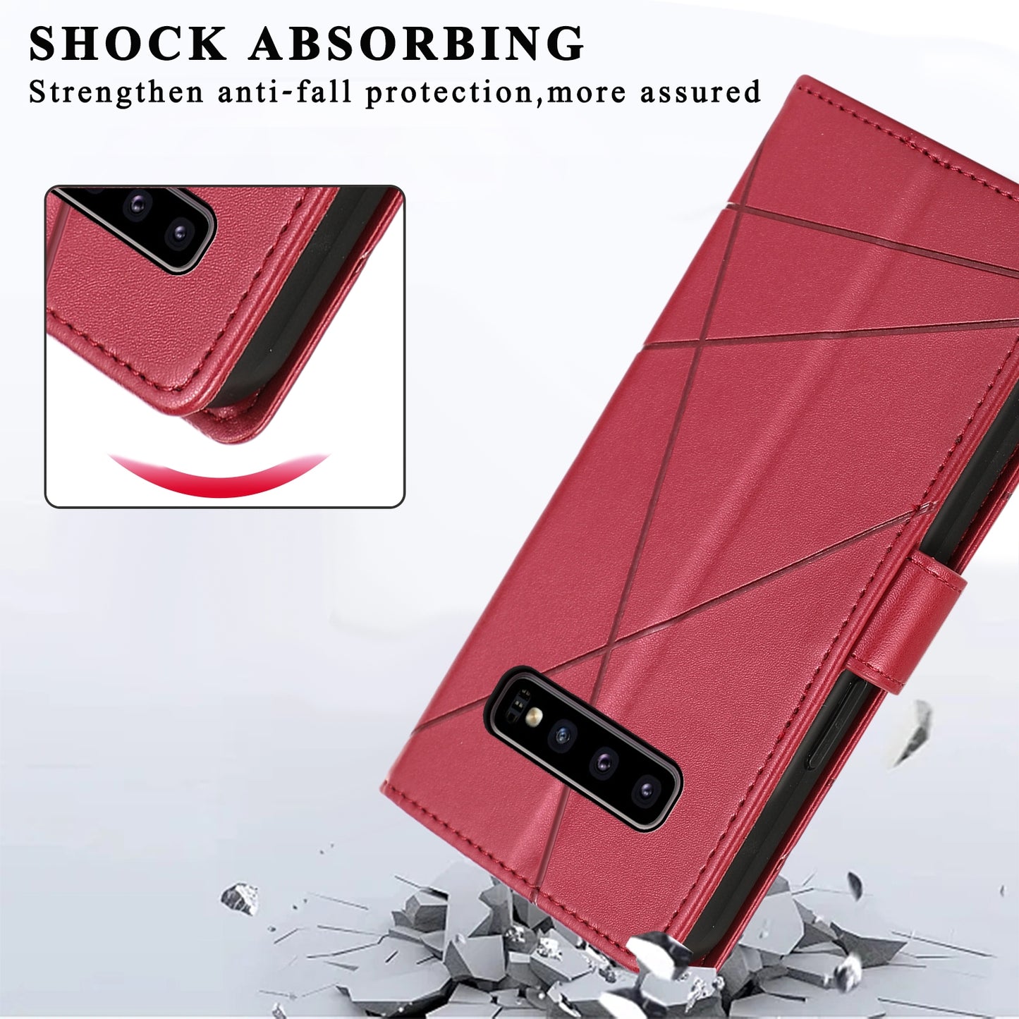 Samsung Galaxy S10 Genuine Leather Texture Embossed Line Phone Case with Card Wallet & Kickstand