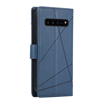 Samsung Galaxy S10 5G Genuine Leather Texture Embossed Line Phone Case with Card Wallet & Kickstand