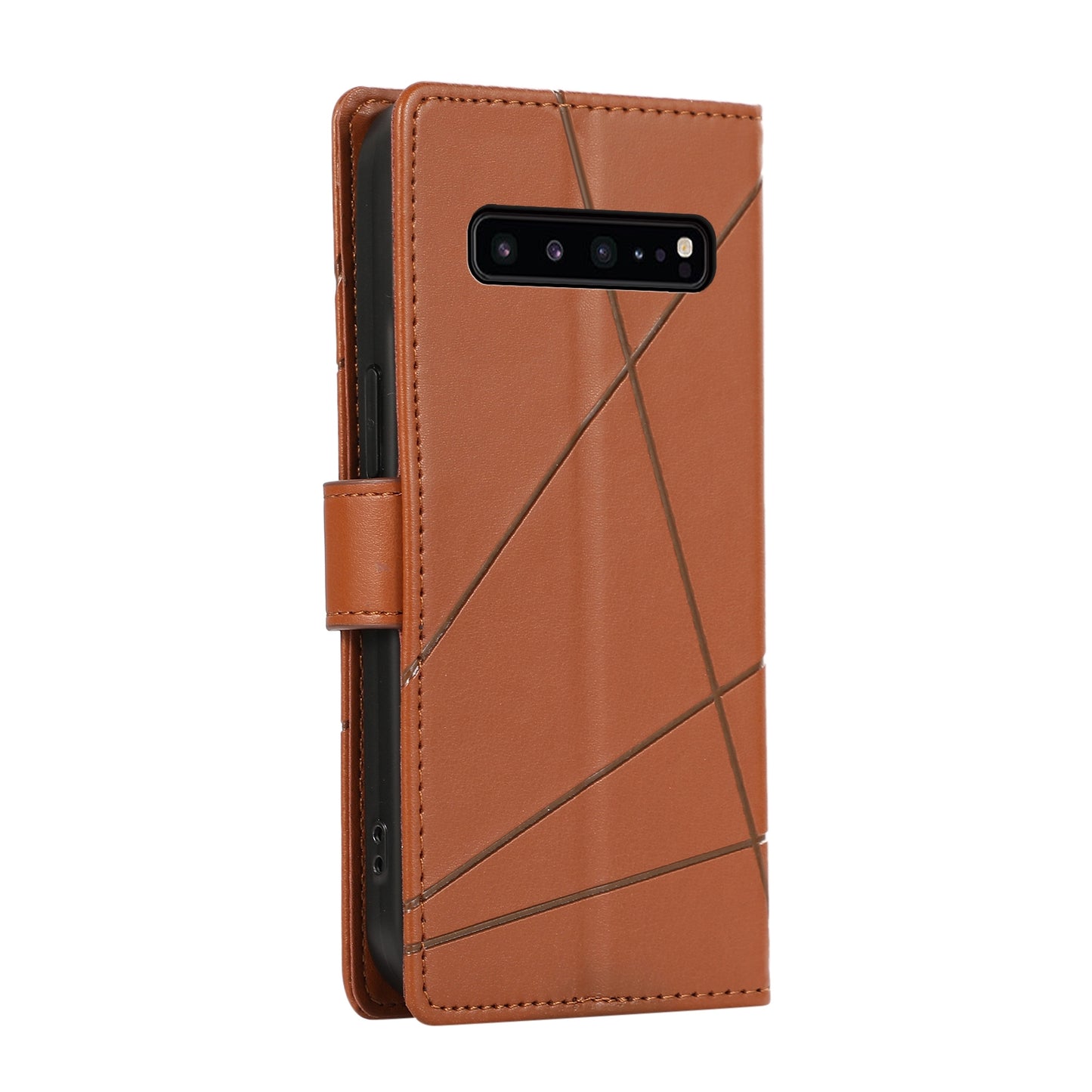 Samsung Galaxy S10 5G Genuine Leather Texture Embossed Line Phone Case with Card Wallet & Kickstand