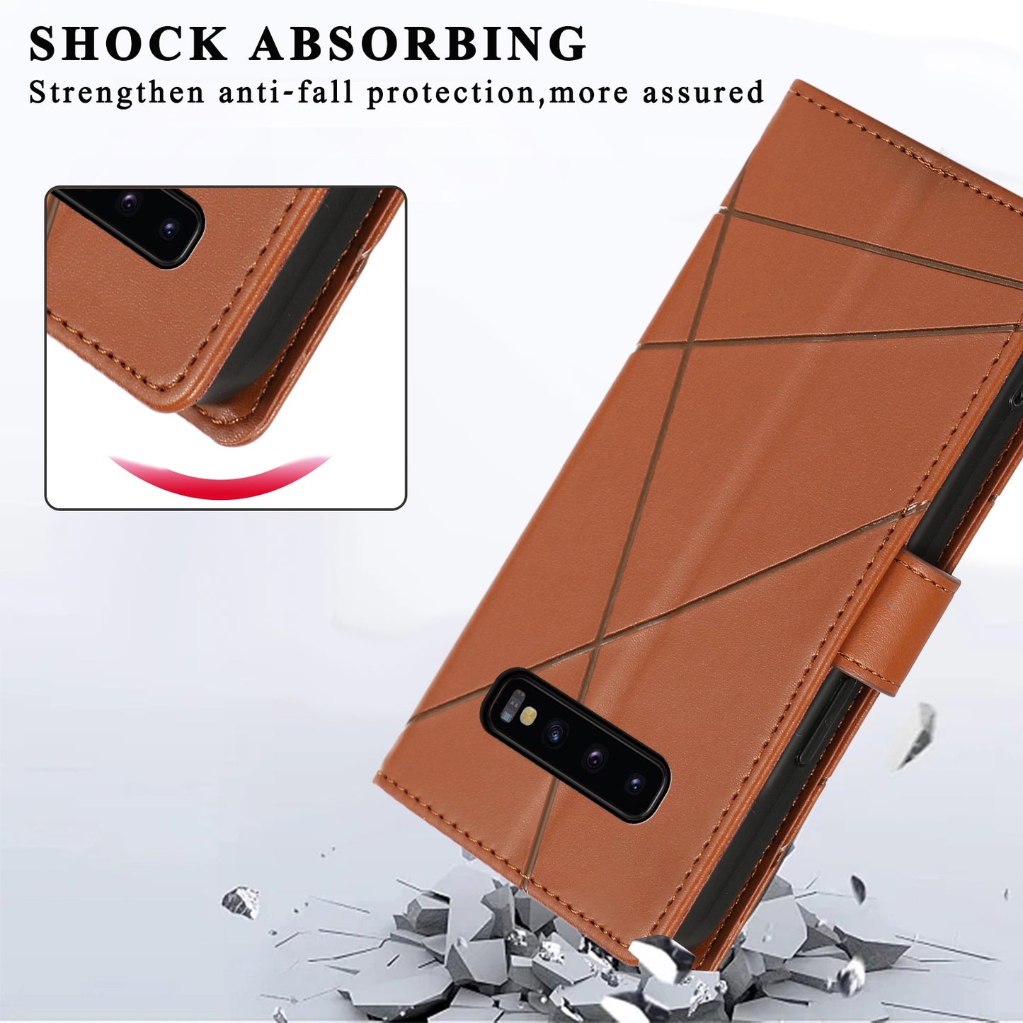 Samsung Galaxy S10+ Genuine Leather Texture Embossed Line Phone Case with Card Wallet & Kickstand