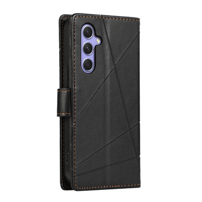 Samsung Galaxy A55 Genuine Leather Texture Embossed Line Phone Case with Card Wallet & Kickstand