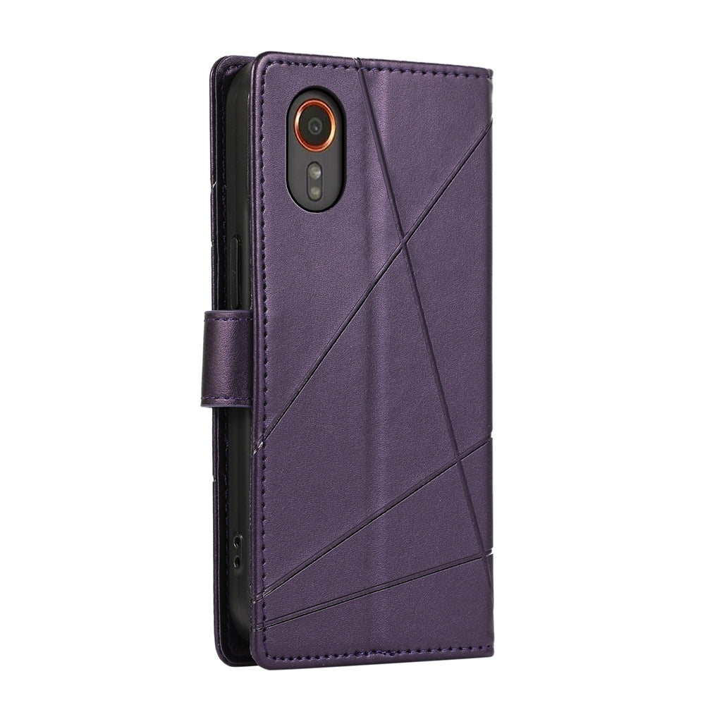 Samsung Galaxy XCover 7 Genuine Leather Texture Embossed Line Phone Case with Card Wallet & Kickstand