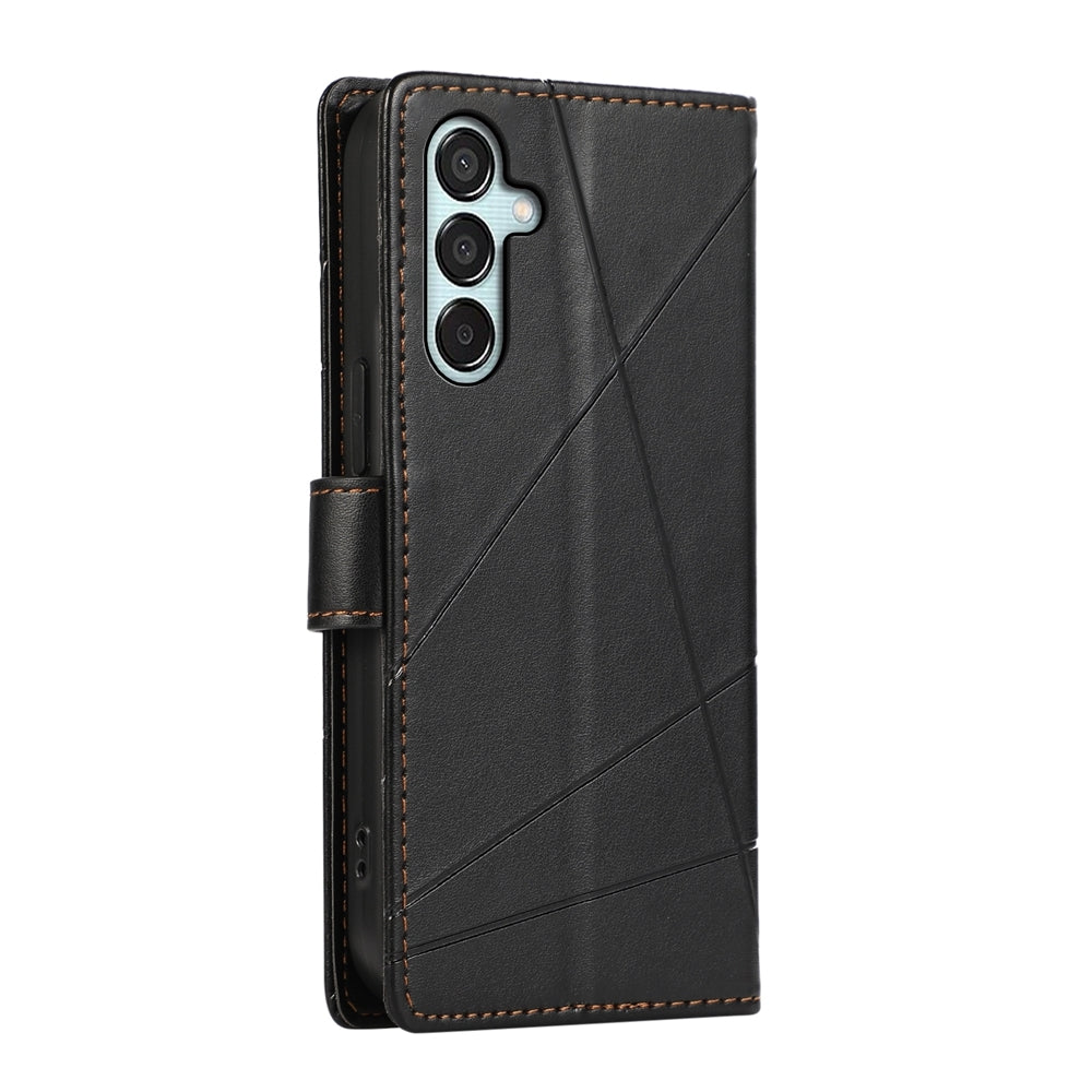 Samsung Galaxy M15/F15 5G Genuine Leather Texture Embossed Line Phone Case with Card Wallet & Kickstand