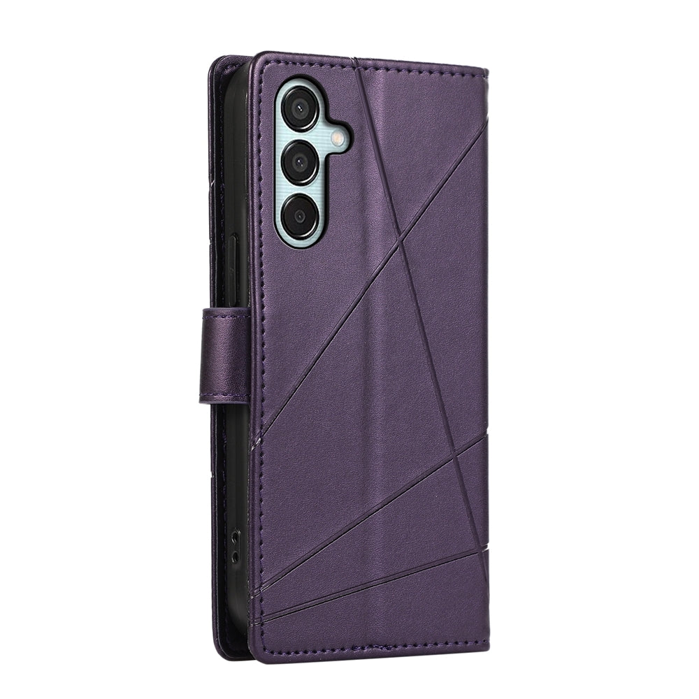 Samsung Galaxy M15/F15 5G Genuine Leather Texture Embossed Line Phone Case with Card Wallet & Kickstand