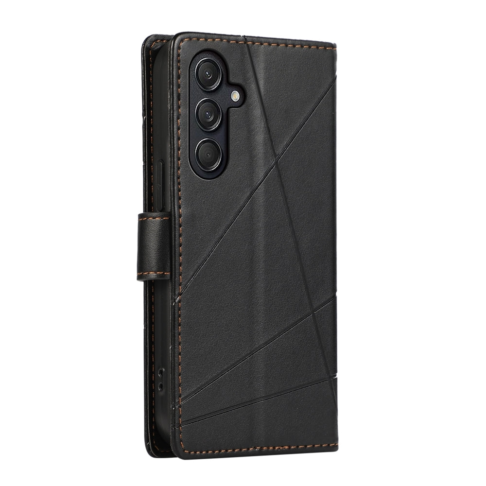 Samsung Galaxy M55 Genuine Leather Texture Embossed Line Phone Case with Card Wallet & Kickstand