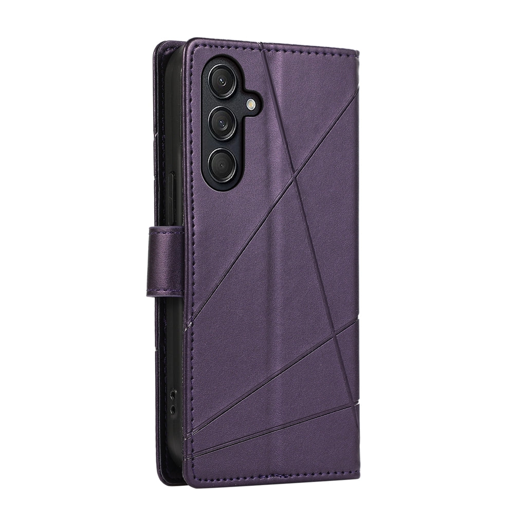 Samsung Galaxy M55 Genuine Leather Texture Embossed Line Phone Case with Card Wallet & Kickstand