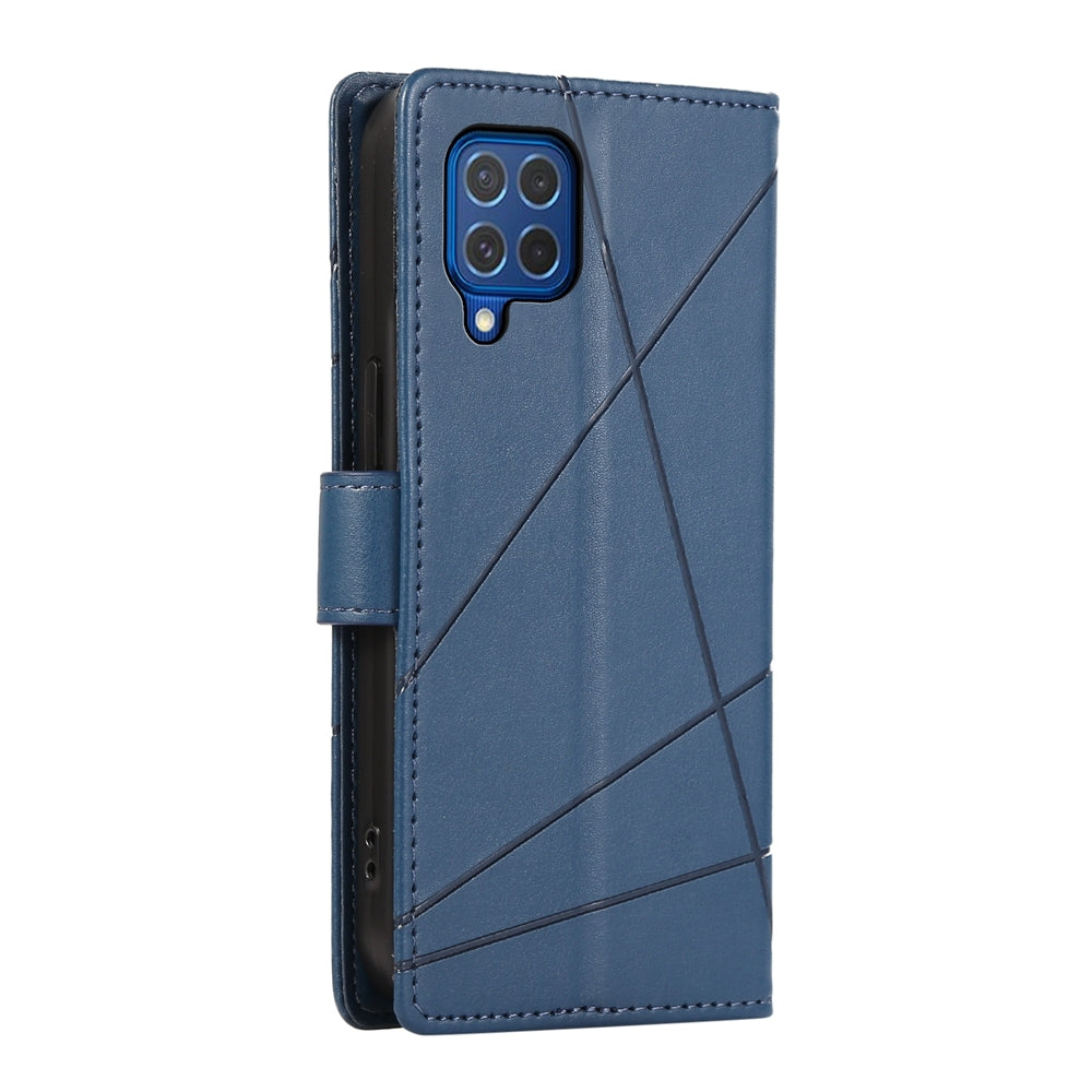 Samsung Galaxy M62 Genuine Leather Texture Embossed Line Phone Case with Card Wallet & Kickstand