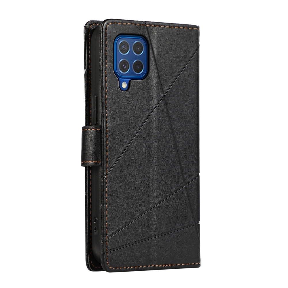 Samsung Galaxy M62 Genuine Leather Texture Embossed Line Phone Case with Card Wallet & Kickstand