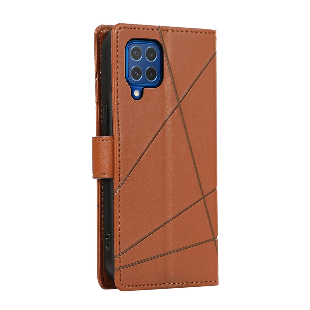 Samsung Galaxy M62 Genuine Leather Texture Embossed Line Phone Case with Card Wallet & Kickstand