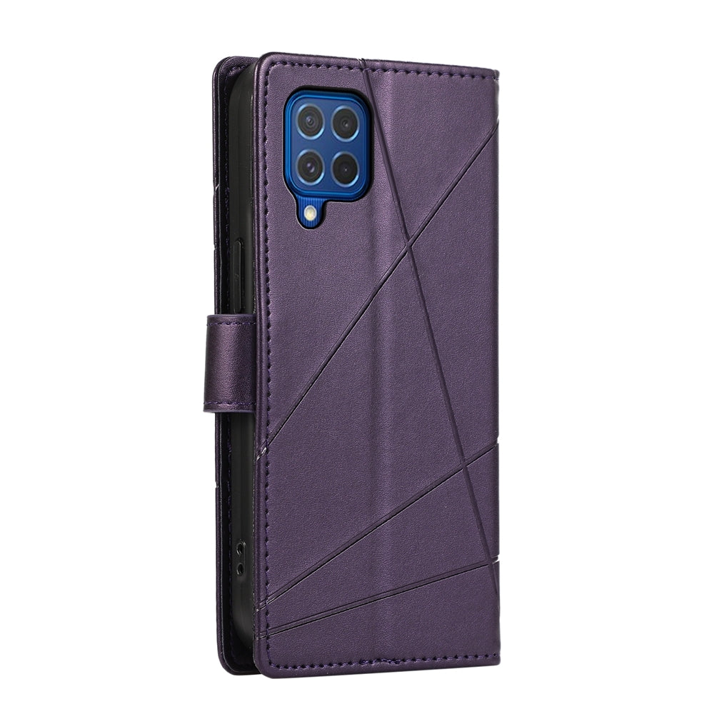 Samsung Galaxy M62 Genuine Leather Texture Embossed Line Phone Case with Card Wallet & Kickstand