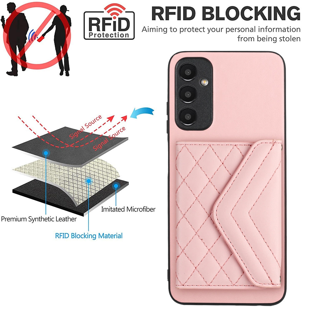 Samsung Galaxy A15 Case - Rhombic Texture, RFID Blocking Wallet, Durable PU Leather with Lanyard