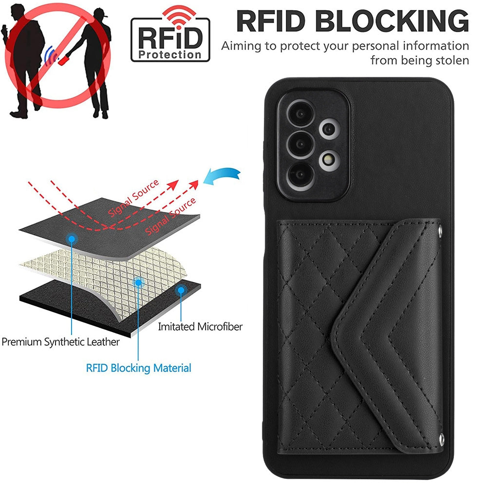 Samsung Galaxy A23 Case - Rhombic Texture, RFID Blocking Wallet, Durable PU Leather with Lanyard