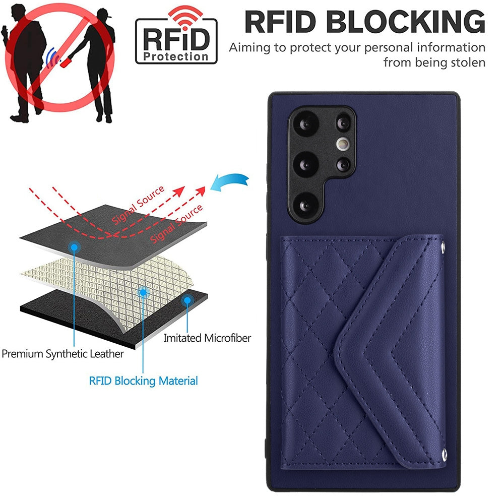 Samsung Galaxy S22 Ultra 5G Case - Rhombic Texture, RFID Blocking Wallet, Durable PU Leather with Lanyard