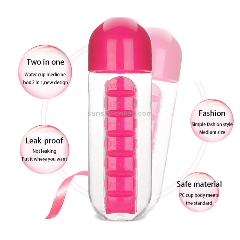 600ML Plastic Water Bottle & Daily Pill Organizer - Leakproof, Portable for Travel