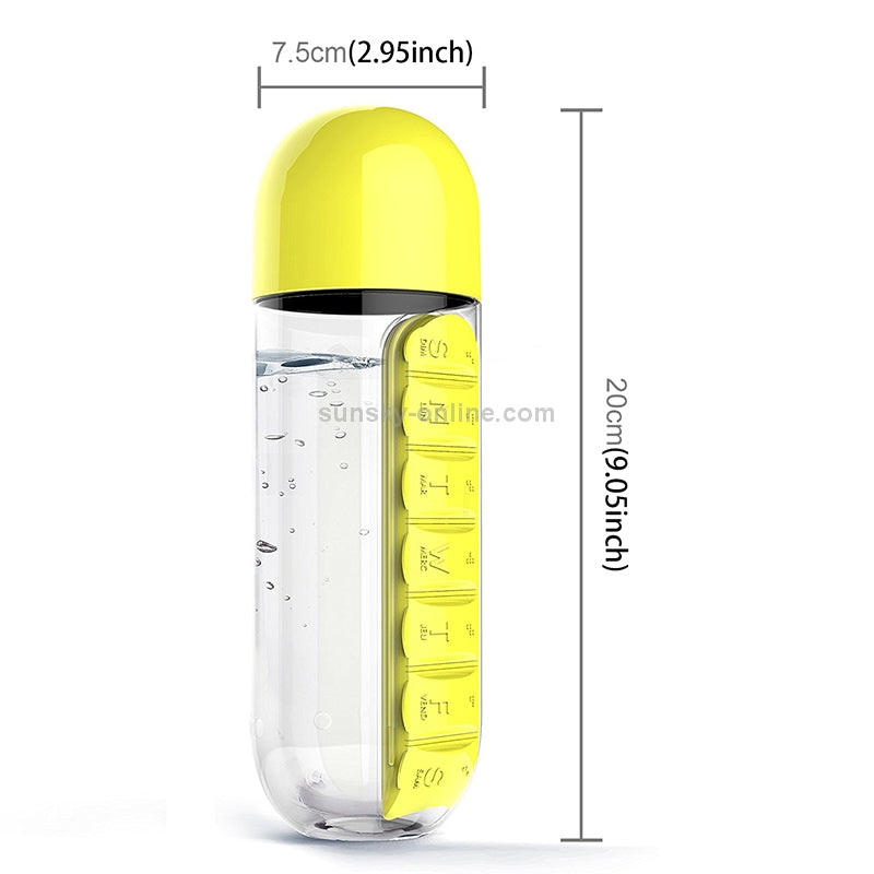 600ML Plastic Water Bottle & Daily Pill Organizer - Leakproof, Portable for Travel