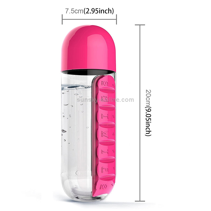 600ML Plastic Water Bottle & Daily Pill Organizer - Leakproof, Portable for Travel